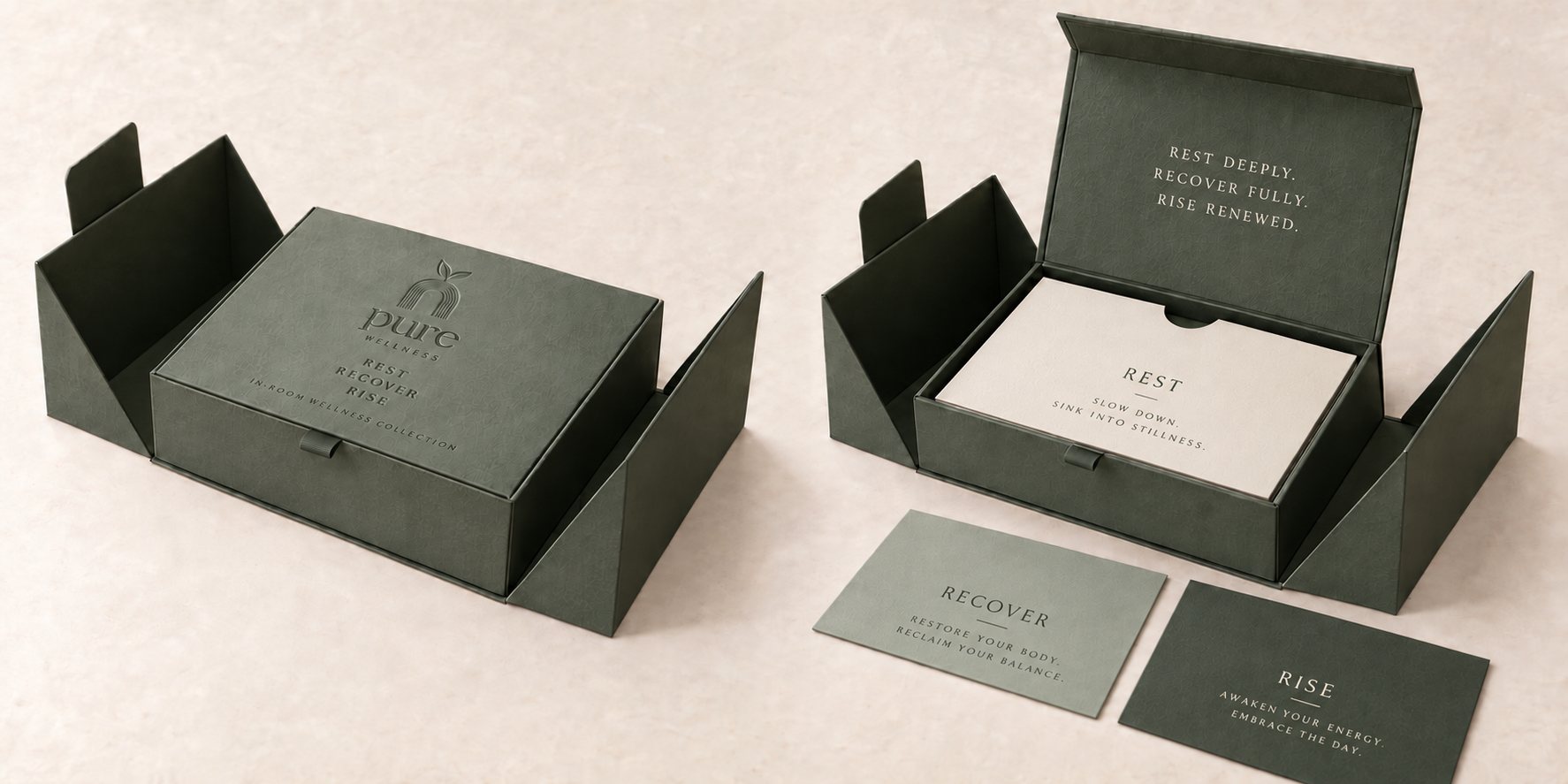 Rest, Recover, Rise in-room wellness collection box opened, with ritual cards