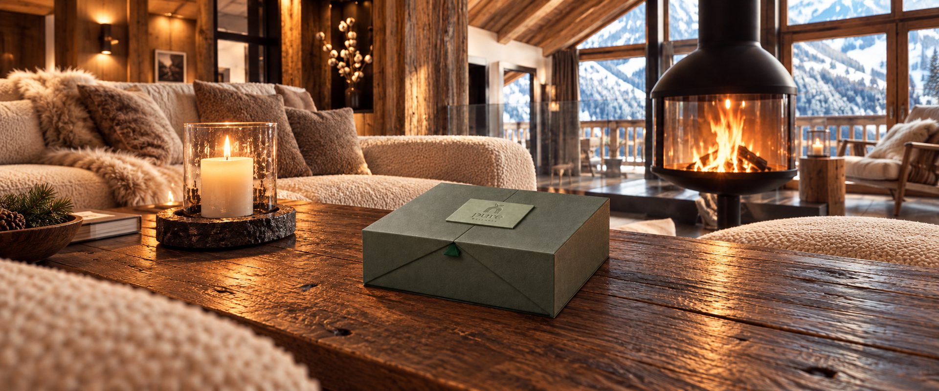 Coffret bien-être en chambre Pure Wellness sur une table basse de chalet, près de la cheminée